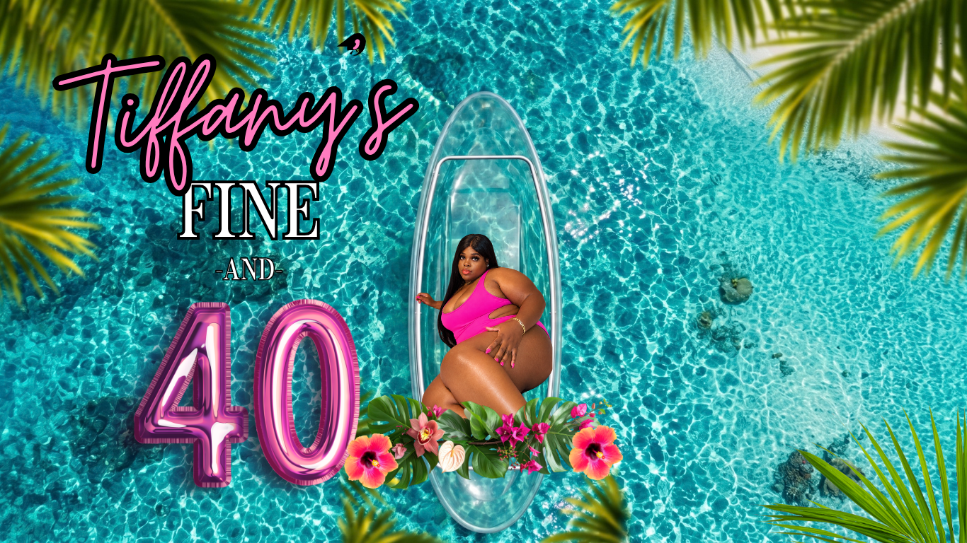 Aerial view of Tiffany in a hot-pink swimsuit relaxing in a clear kayak on vivid turquoise water, framed by palm fronds and hibiscus flowers, with the Tiffany’s Fine & 40 title artwork